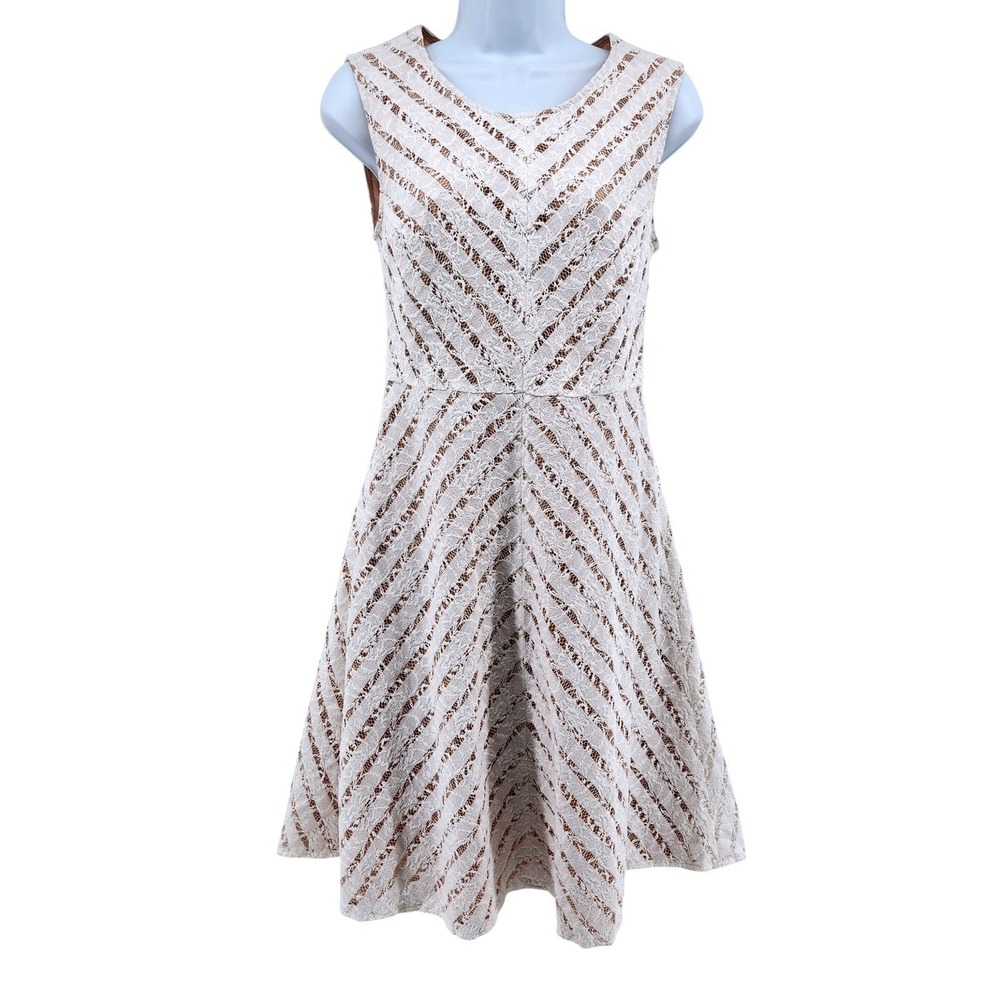 BCBG MAXAZRIA Dress Womens 4 Beige Lace Overlay Sleeveless A-Line Cocktail Party